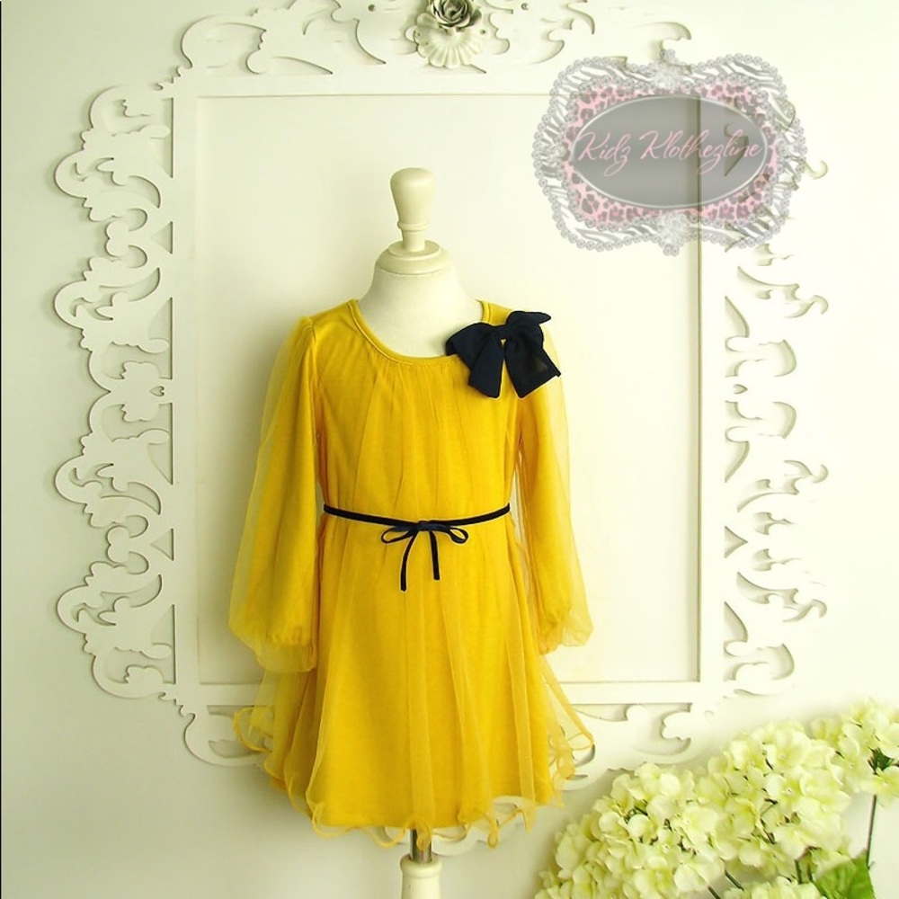 Girls Dress Mustard & Navy with bow
